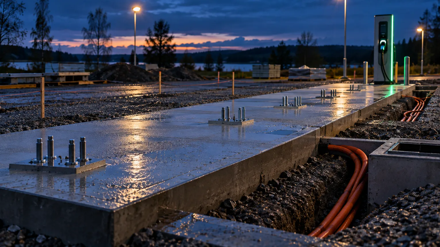 Grundarbete för en laddplats i skymning: gjuten betongplatta med ingjutna bultar, ett öppet dike med orange kabelrör, och en enda färdig laddstolpe som lyser längst bort.