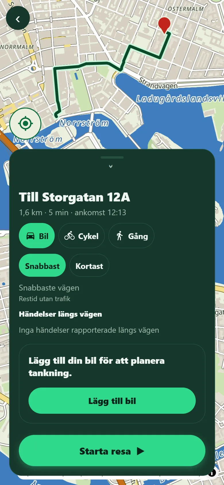 Skärmbild: det uppfällda arket med raderna Snabbaste vägen, Restid utan trafik och Händelser längs vägen — Inga händelser rapporterade längs vägen.