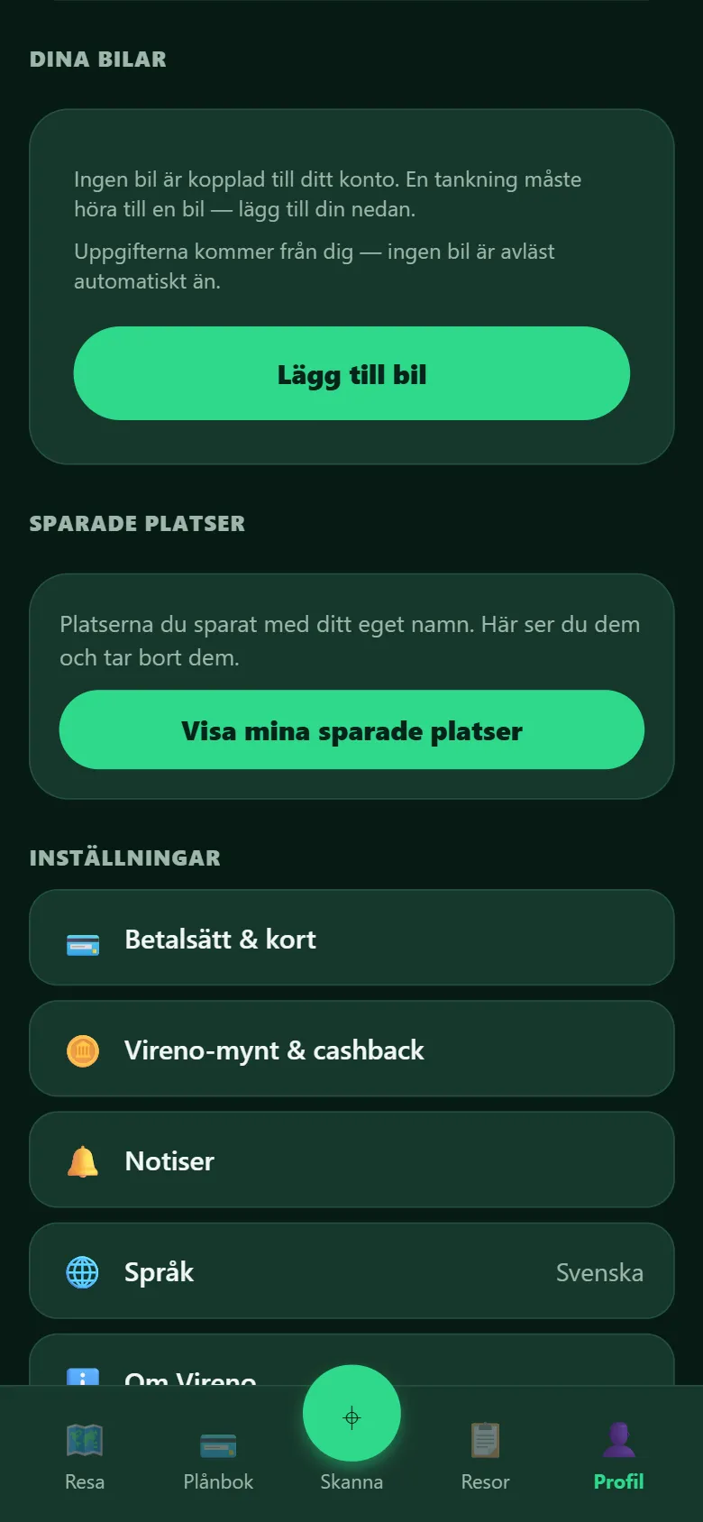 Skärmbild ur Vireno-appen, fliken Profil: avsnittet Dina bilar med texten att ingen bil är kopplad än och en grön knapp Lägg till bil.