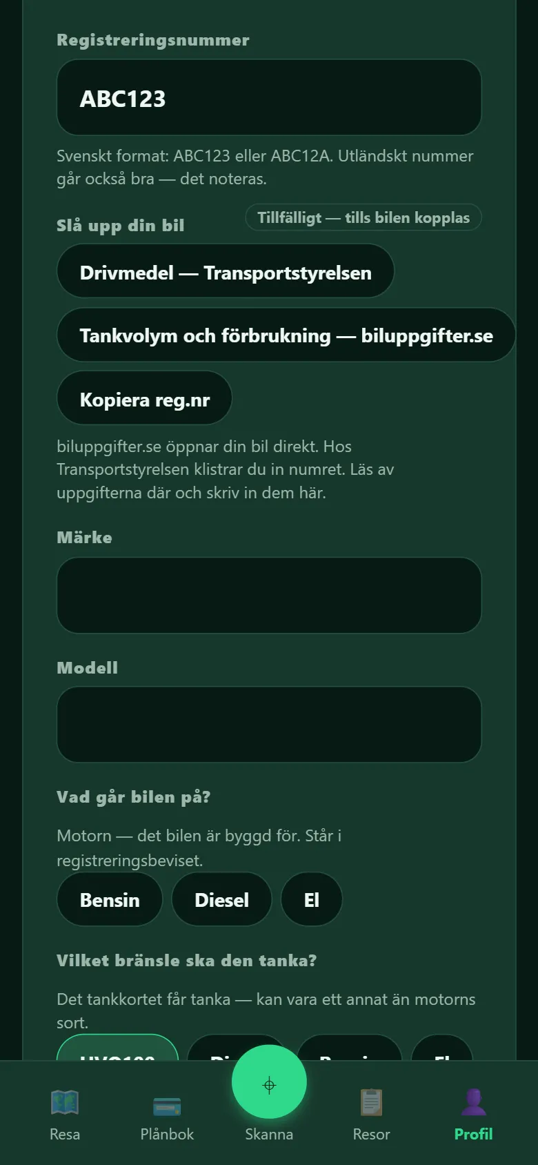 Skärmbild ur Vireno-appen: formuläret för att lägga till en bil, med fältet Registreringsnummer ifyllt med exemplet ABC123 överst, och därunder rubriken Slå upp din bil med två knappar.