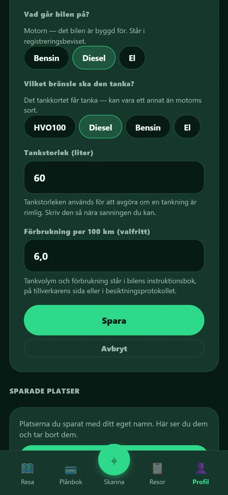 Skärmbild ur Vireno-appen: formuläret ifyllt — Diesel valt under Vad går bilen på?, tankstorlek 60 liter, förbrukning 6,0 per 100 km, och den gröna knappen Spara tänd.