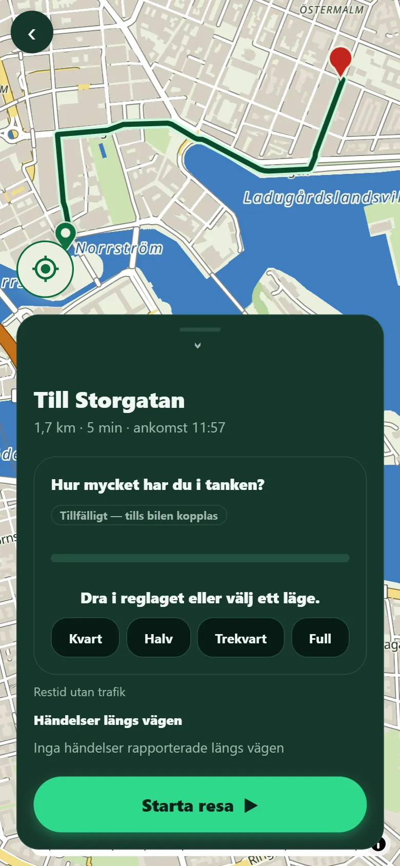 Skärmbild ur Vireno-appen: en resa till Storgatan är uträknad på kartan, och i arket längst ner står frågan Hur mycket har du i tanken? med ett reglage och knapparna Kvart, Halv, Trekvart och Full.
