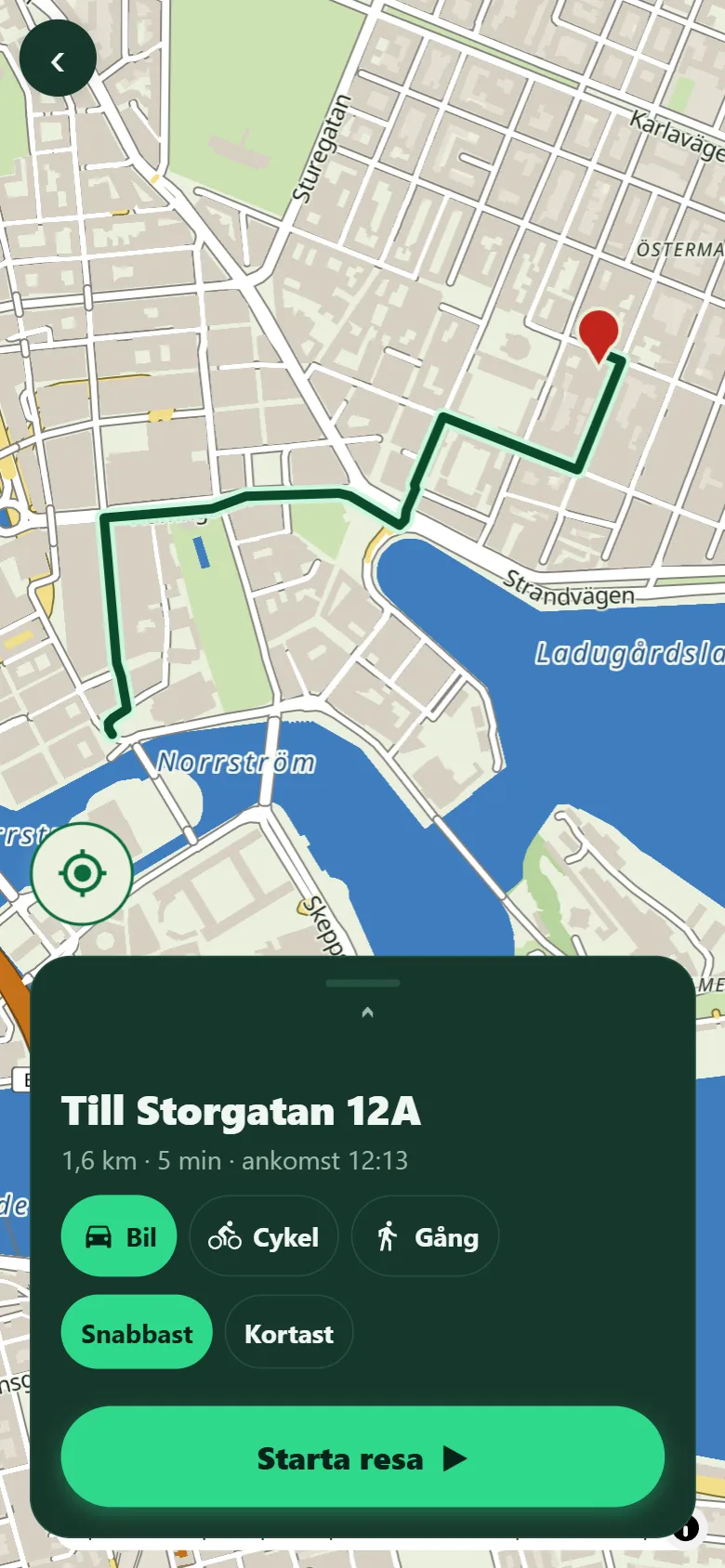 Skärmbild: rutten till Storgatan 12A med Bil valt — 1,6 km, 5 min — och valen Snabbast och Kortast synliga.