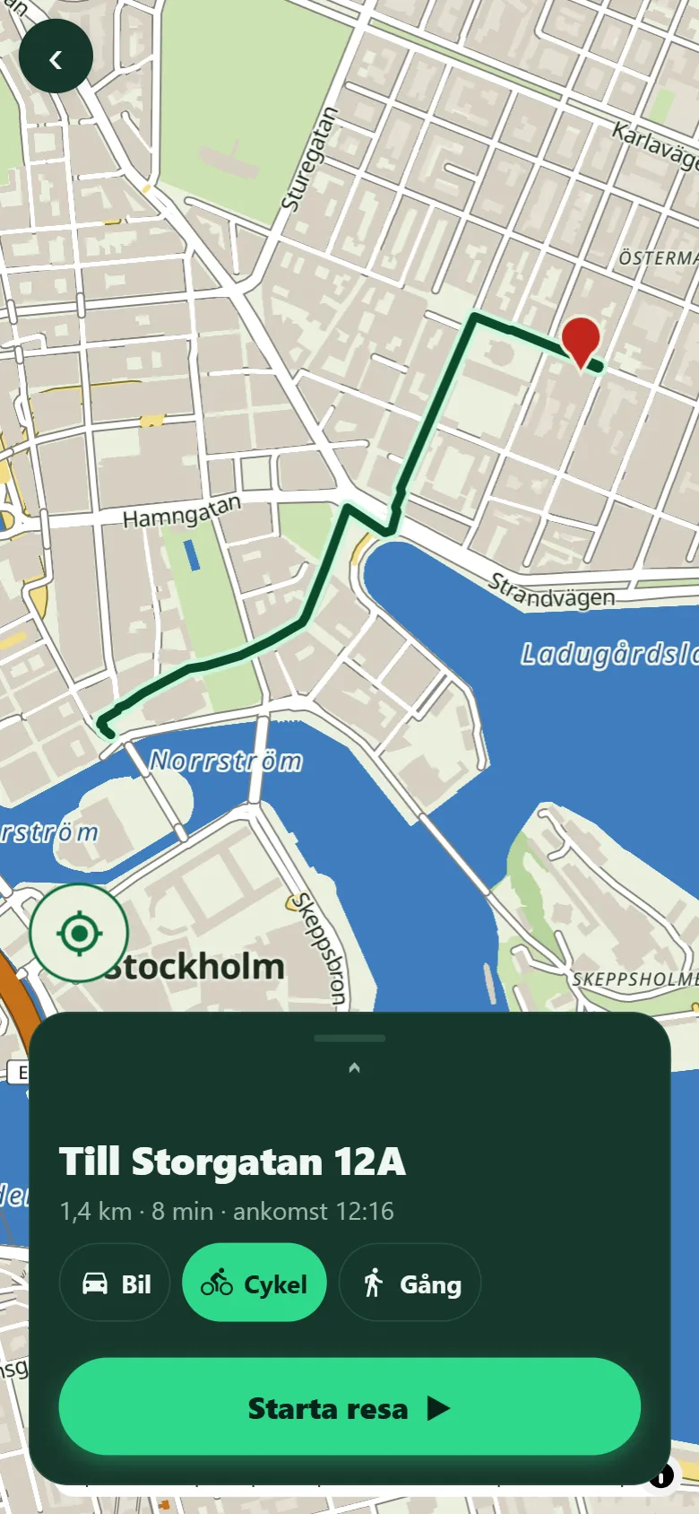Skärmbild: samma mål med Cykel valt — 1,4 km, 8 min — och en annan väg ritad på kartan.