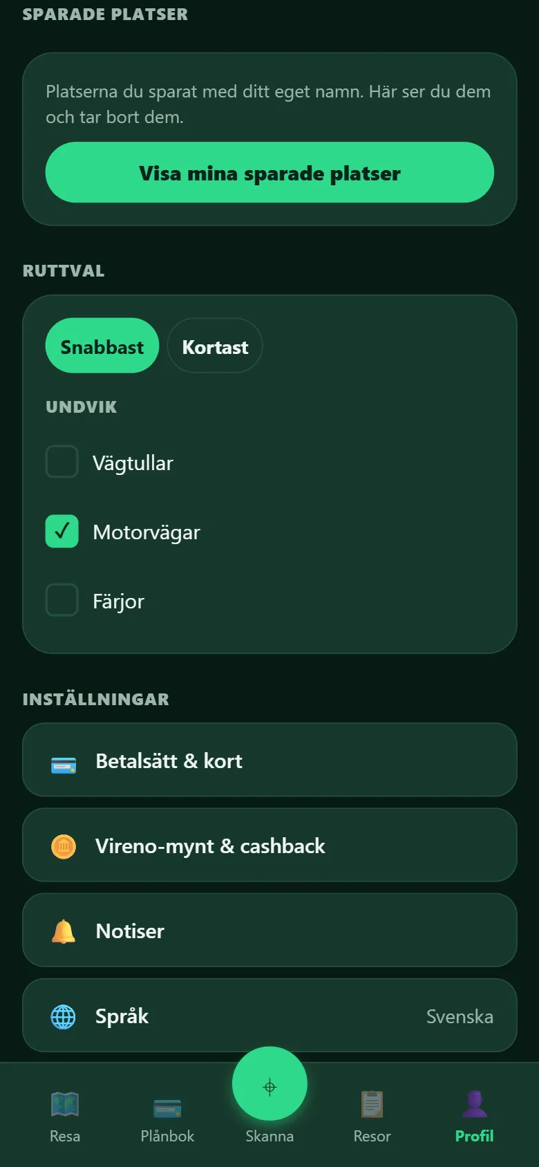 Skärmbild ur Profil: avsnittet Ruttval med Snabbast valt och under Undvik tre kryssrutor — Vägtullar, Motorvägar (ikryssad) och Färjor.