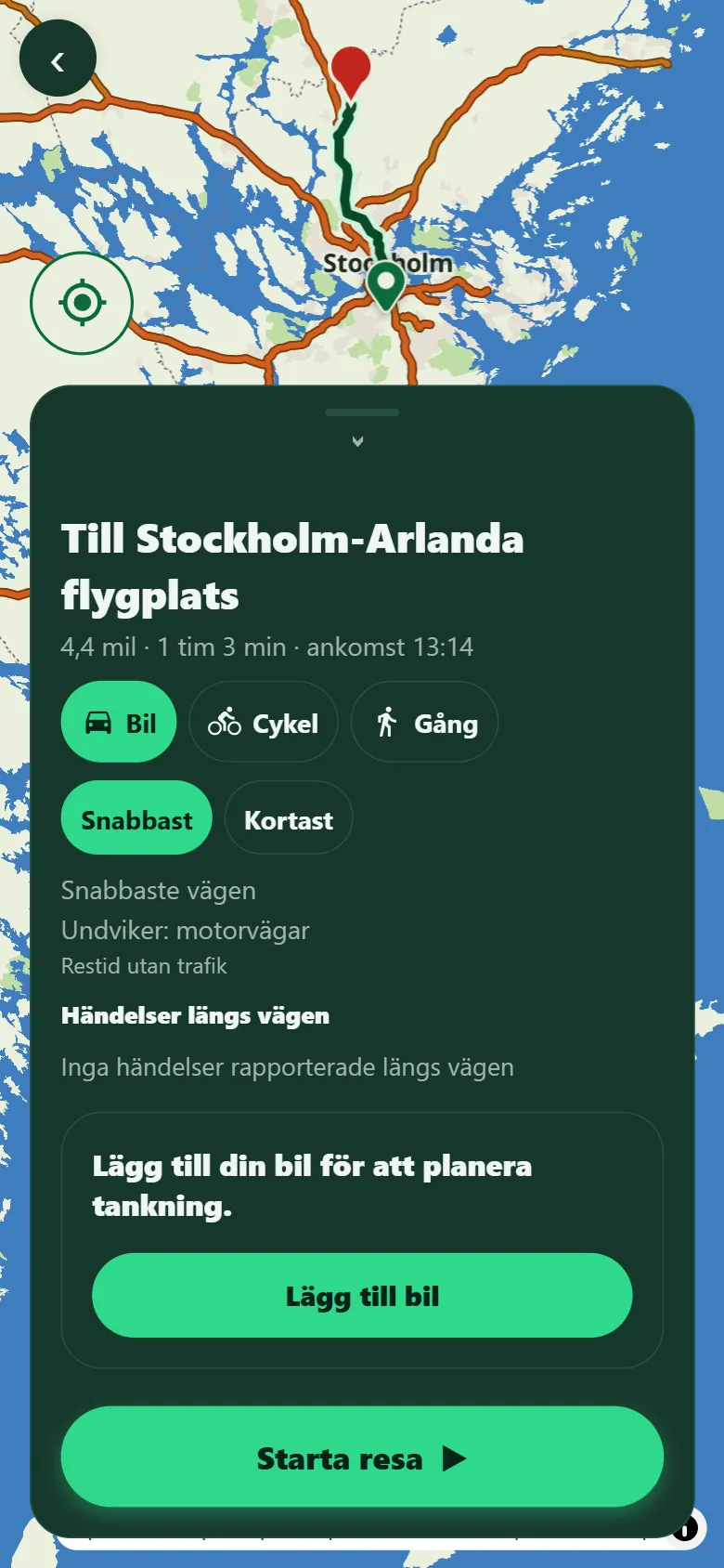 Skärmbild: det uppfällda arket för en resa till Arlanda med raderna Snabbaste vägen och Undviker: motorvägar.