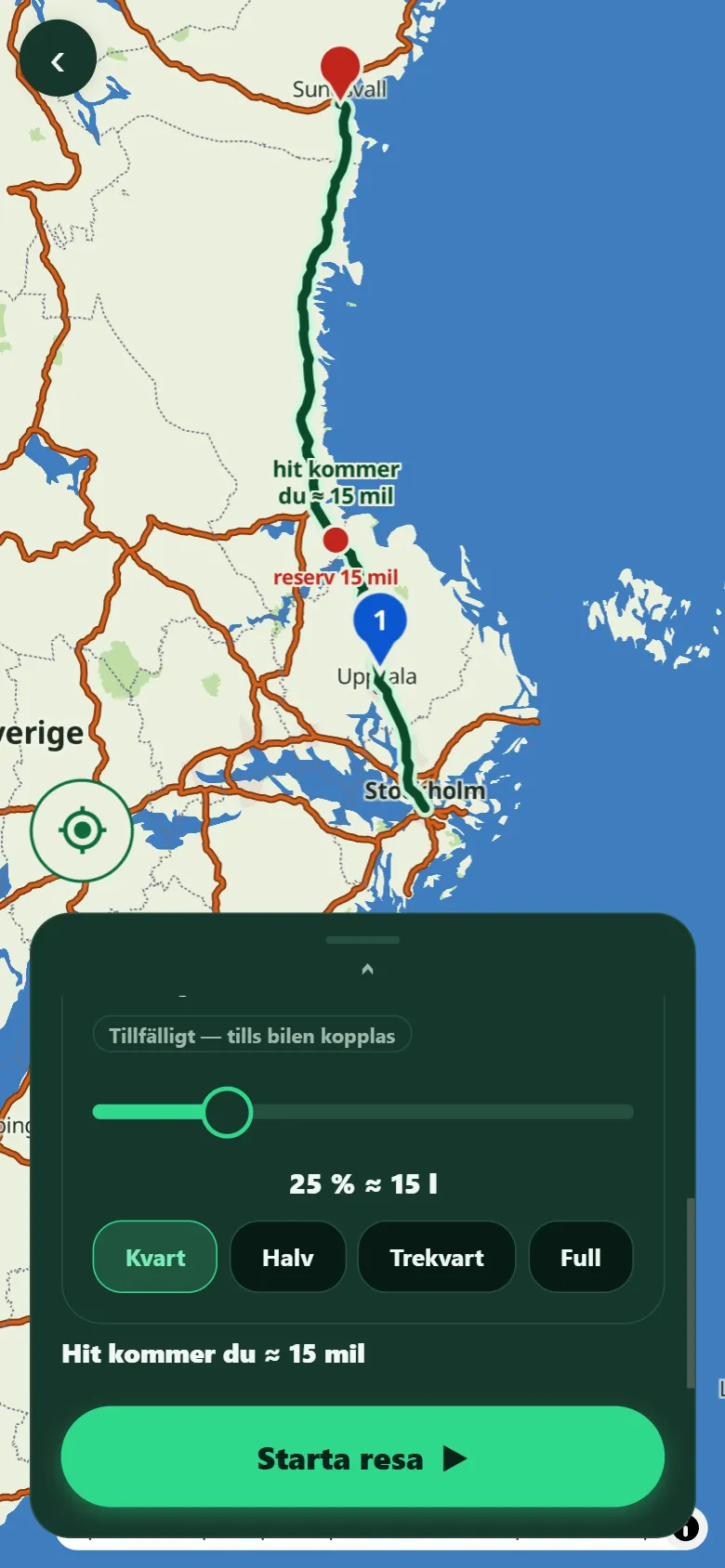 Skärmbild: kartan över Sverige med rutten Stockholm–Sundsvall, punkten „hit kommer du ≈ 15 mil”, punkten „reserv 15 mil” och en blå nål med siffran 1 där appen vill att du tankar.